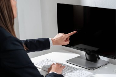 İş kadını, bilgisayarda tek parmağıyla önemli bir bilgiyi işaret ediyor..