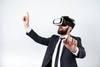 Man Wearing Vr Glasses And Pointing On Important Messages With Both Hands.