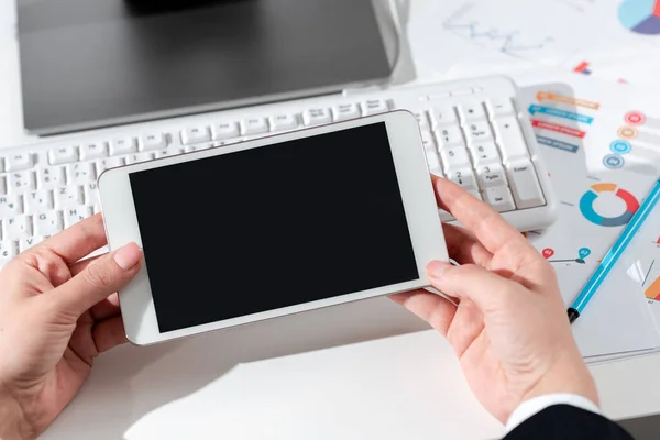 Woman Holding Notebook New Ideas Desk Computer Keyboard — Stockfoto