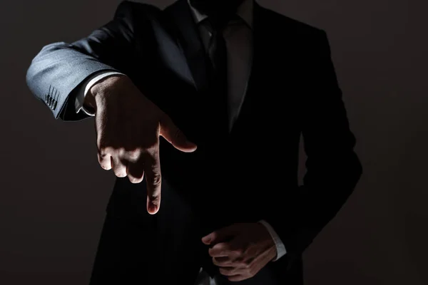 Businessman Suit Pointing One Finger Important Message — Stockfoto