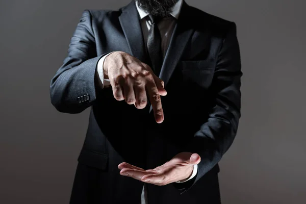 Businessman Suit Pointing One Finger Important Message — Fotografia de Stock