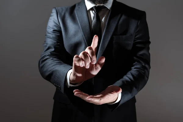 Businessman Suit Pointing One Finger Important Message — Zdjęcie stockowe