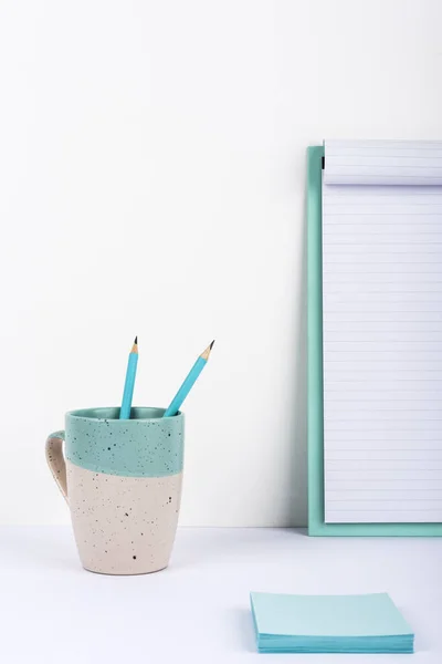 Cup Two Pencils Placed Office Desk Clipboard Notes — Photo