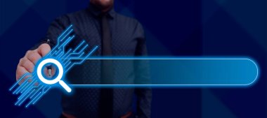 Handsome Person Holding Pen Presenting Digital Display Search Bar.