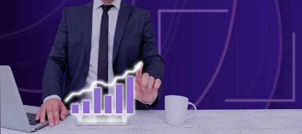 Businessman Suit Laptop Showing Charts Data Presentations —  Fotos de Stock
