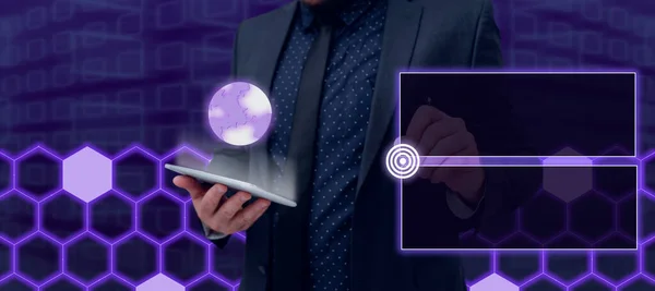 Man Tablet Digital Patterns Showing Global Network Connection — Stockfoto