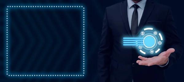 Man Suit Presenting Hand Digital Symbols Business — 스톡 사진