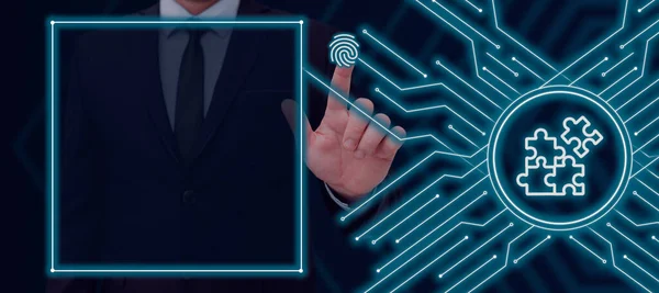 Man Pointing Fingerprint Presenting Important Software Data — Stockfoto