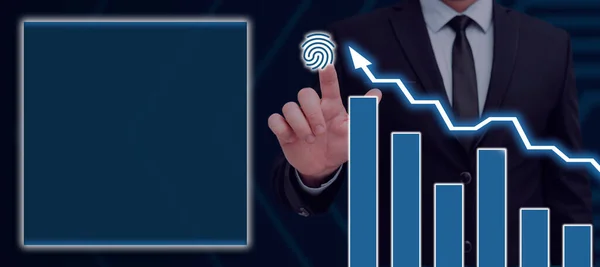 Businessman Pressing Fingerprint Presenting Data Charts — Stockfoto