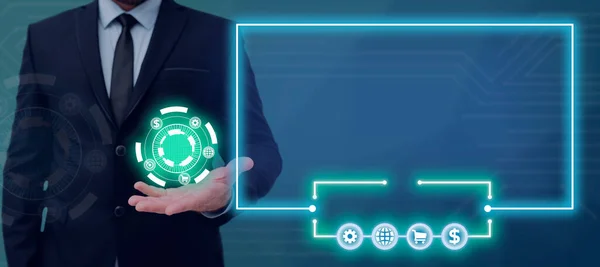 Man Holding Futuristic Design In One Hand And Presenting Late Data.
