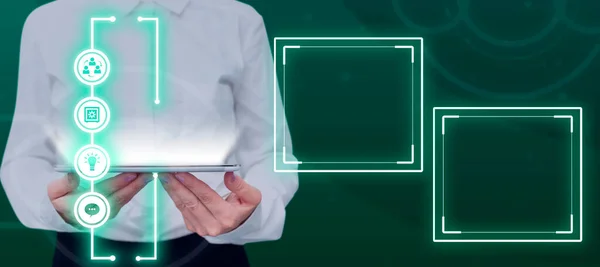 Woman Holding Tablet Presenting Digital Frame New Ideas — 스톡 사진