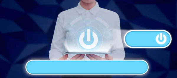 Woman Holding Tablet Power Button Sign Receiving Important Data — Photo