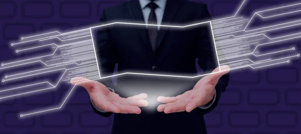 Man Having Futuristic Frame Hands Presenting Important Informations — Stockfoto