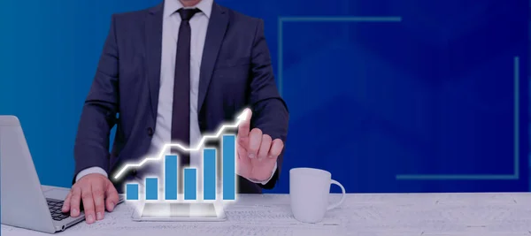 Businessman Suit Laptop Showing Charts Data Presentations —  Fotos de Stock