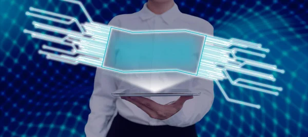 Businesswoman Holding Tablet Presenting New Ideas Futuristic Frame — 图库照片