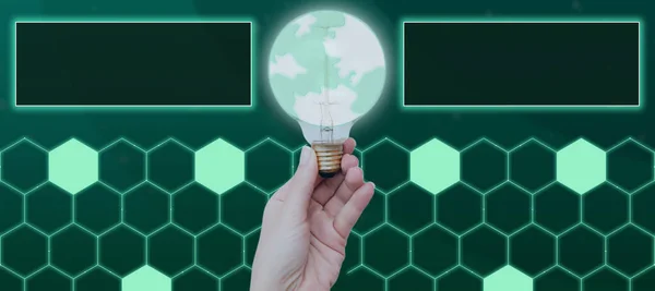 Woman With Light Bulb Presenting Graphical Globe And Network Connection.