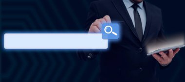 Businessman Holding Tablet And Pen Pointing On Search Bar With New Ideas.