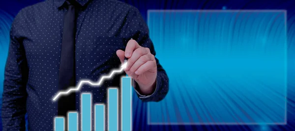 Standing Businessman Pointing Pen Crucial Information Graphs —  Fotos de Stock