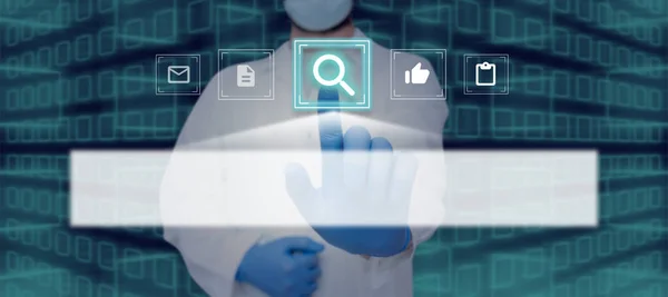 Médico Tocando Nova Tecnologia Computador Busca Com Luvas Nas Mãos — Fotografia de Stock