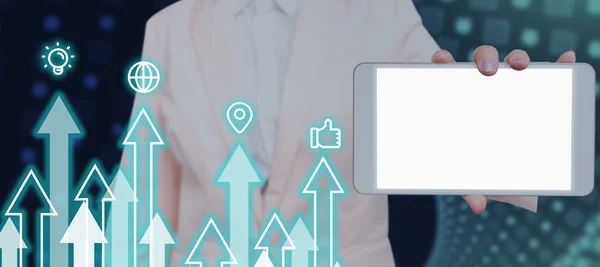 Woman With Cellphone By Digital Arrows And Multiple S Presenting Data.