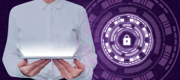 Woman Holding Tablet Digital Lock Presenting Network Security — Φωτογραφία Αρχείου