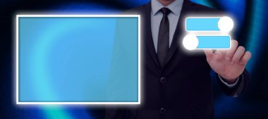 Businessman Pointing On The Toggle Button Of A Digital Device Switch.