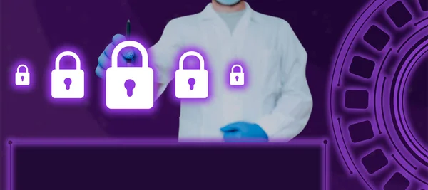 Doctor Pointing Pen Padlocks Presenting Cyber Security Information — Stock Fotó