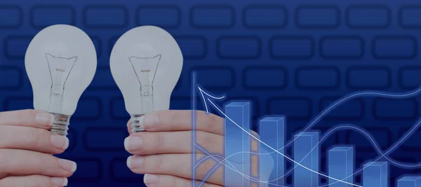 Woman Holding Light Bulbs By Digital Graphs Presenting New Ideas.