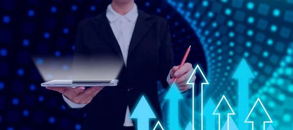 Businesswoman With A Tablet And Pen Pointing On Multiple Arrows Going Up.