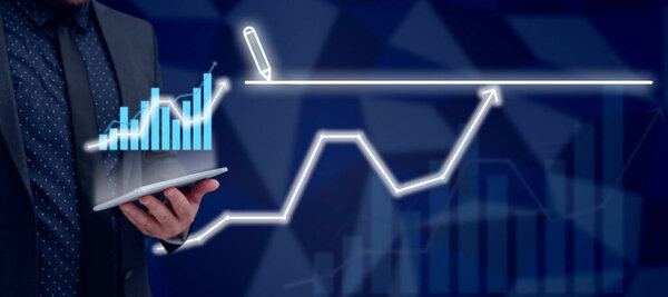 Man With Pad Analyzing Digital Graph And Presenting Business Progress