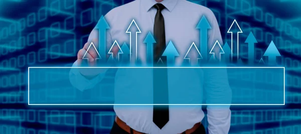 Businessman Pointing Frame Arrows Presenting Important Data — Photo