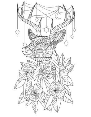 Coloring Page With Deer With Decorations On Horns And Flowers Around.