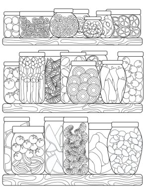 Sebze ve meyve dolu raflarla dolu boyama sayfası.