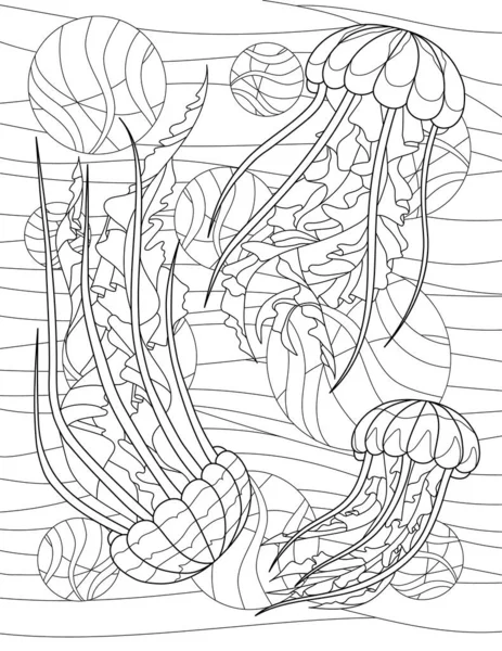 Coloring Book Page Octopuses Swimming Underwater Together — стоковый вектор