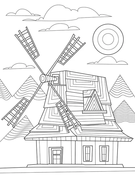 Coloring Book Page Windmill Mountains Clouds Sun Back — Stok Vektör
