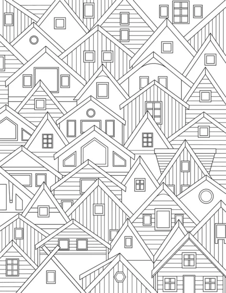 Coloring Book Page Houses One Other Different Windows — Stok Vektör