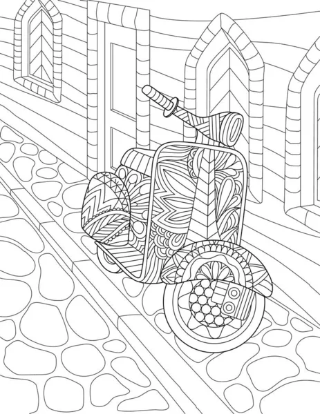 Coloring Book Page Motorcycle Parked Sidewalk Next House — Archivo Imágenes Vectoriales