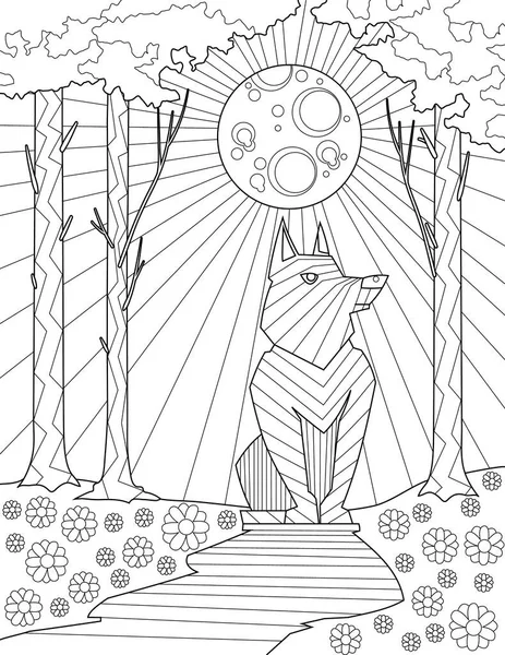 Coloring Book Page Lone Wolf Howling Full Moon Flowers — ストックベクタ