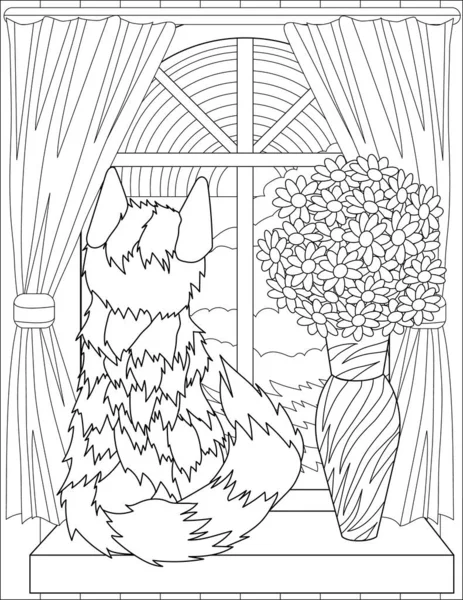 Coloring Page Sitting Fluffy Cat Looking Window Next Vase —  Vetores de Stock