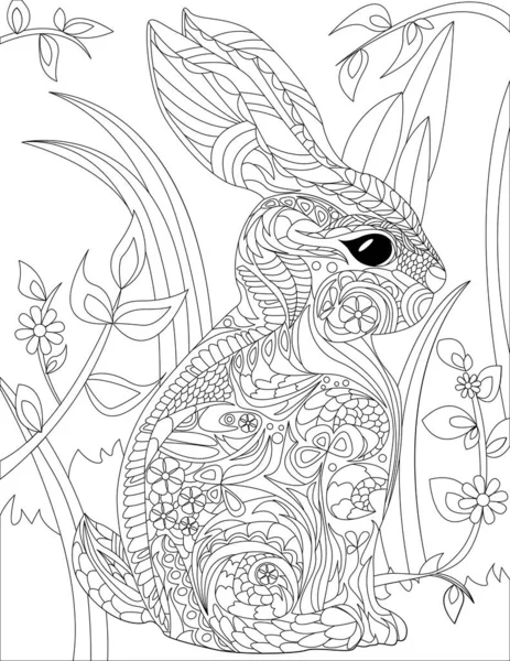 Coloring Book Page Cute Detailed Rabbit Standing Still — Vector de stock
