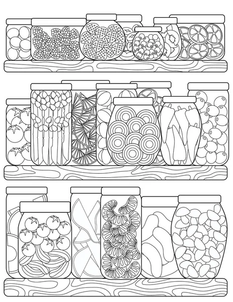 Розмальовка Полицями Повними Фруктами Овочами Баночках — стоковий вектор