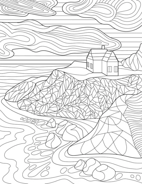Coloring Page Detailed House Hill Clouds Rocks Ocean — Stok Vektör