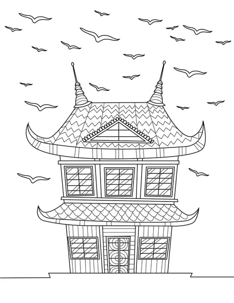 Coloring Book Traditional Japanese House Birds Sky — Vetor de Stock