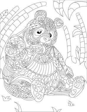 Coloring Book Page With Sitting Detailed Panda Eating Leaves.