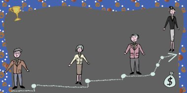 İş Ekibi, ödül ve para çantasıyla basamaklarda duruyor..