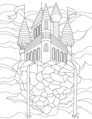 Tepede bayrakları olan büyük şatolu boyama kitabı sayfası.