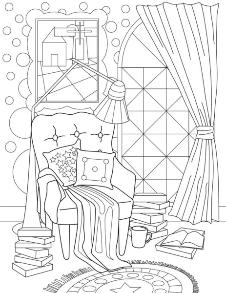 Coloring Page Cozy Armchair Pillows Blanket — ストックベクタ