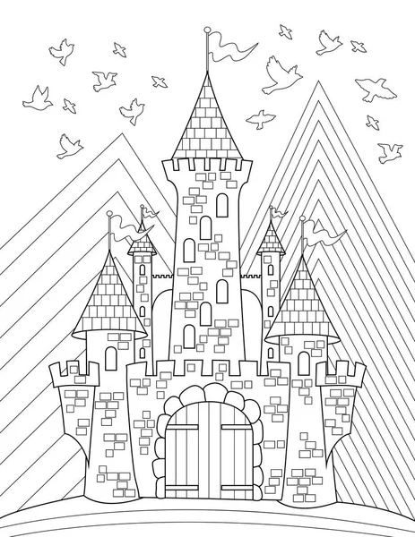 Coloring Book Page Big Castle Flags Top Birds Sky — Archivo Imágenes Vectoriales