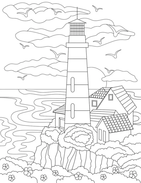 Coloring Page House Hill Next Lighthouse Ocean Birds Sky — Vector de stock