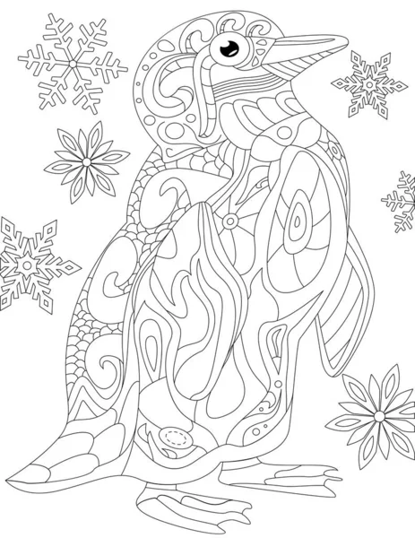 Coloring Page Walking Mother Kid Penguin Snowflakes Back — Διανυσματικό Αρχείο